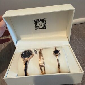 Anne Klein Swarovski Crystal Watch & Bangle Set AK/3292NVST Blue Dial Rose Gold